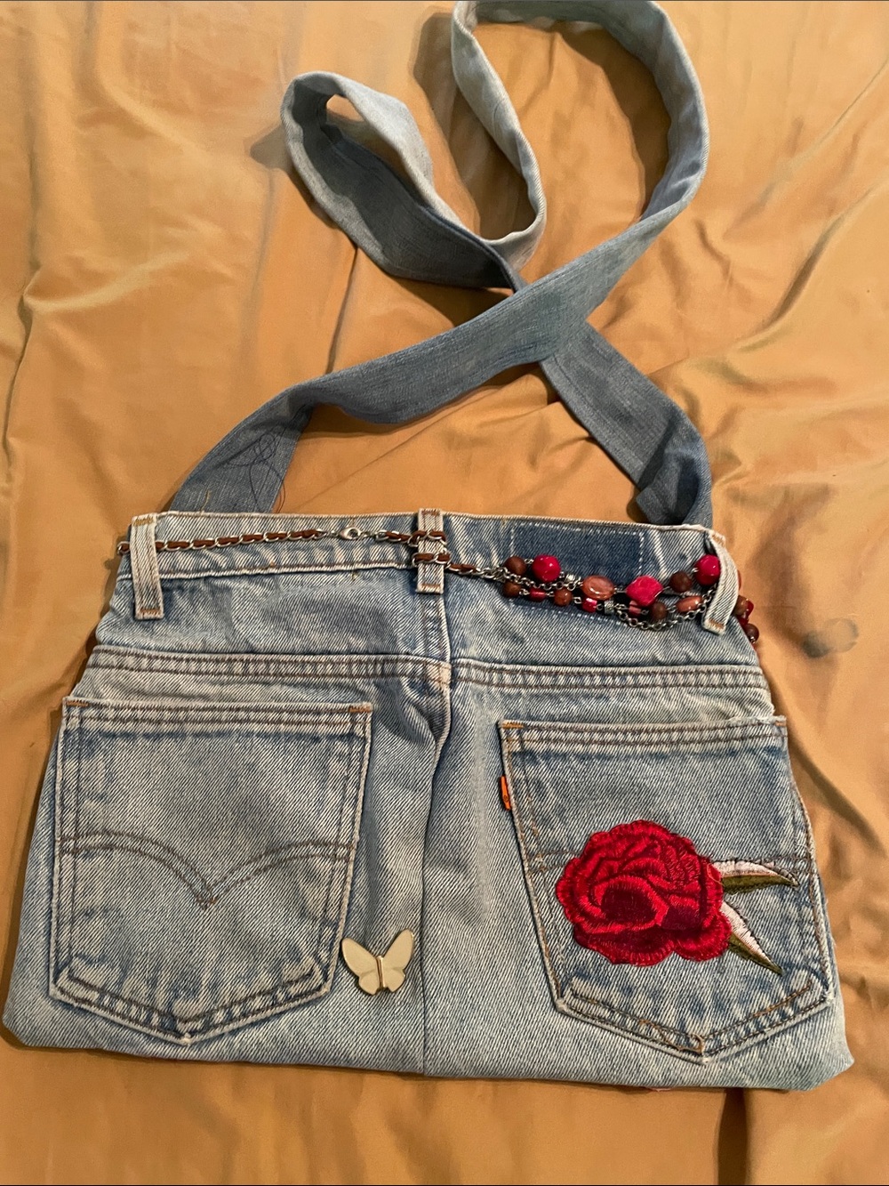 Handmade Denim Crossbody Bag with Red Rose Embroidery  lined - Picture 2 of 2